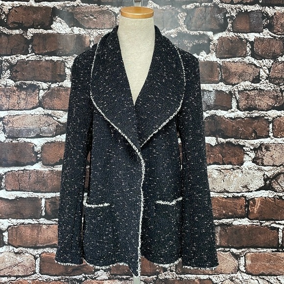 Max Studio Jacket Women's L Large Black Knit Fringe Open Front - Picture 5 of 13